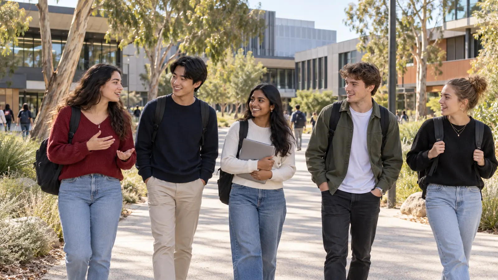 RMIT Bundoora campus area with five students