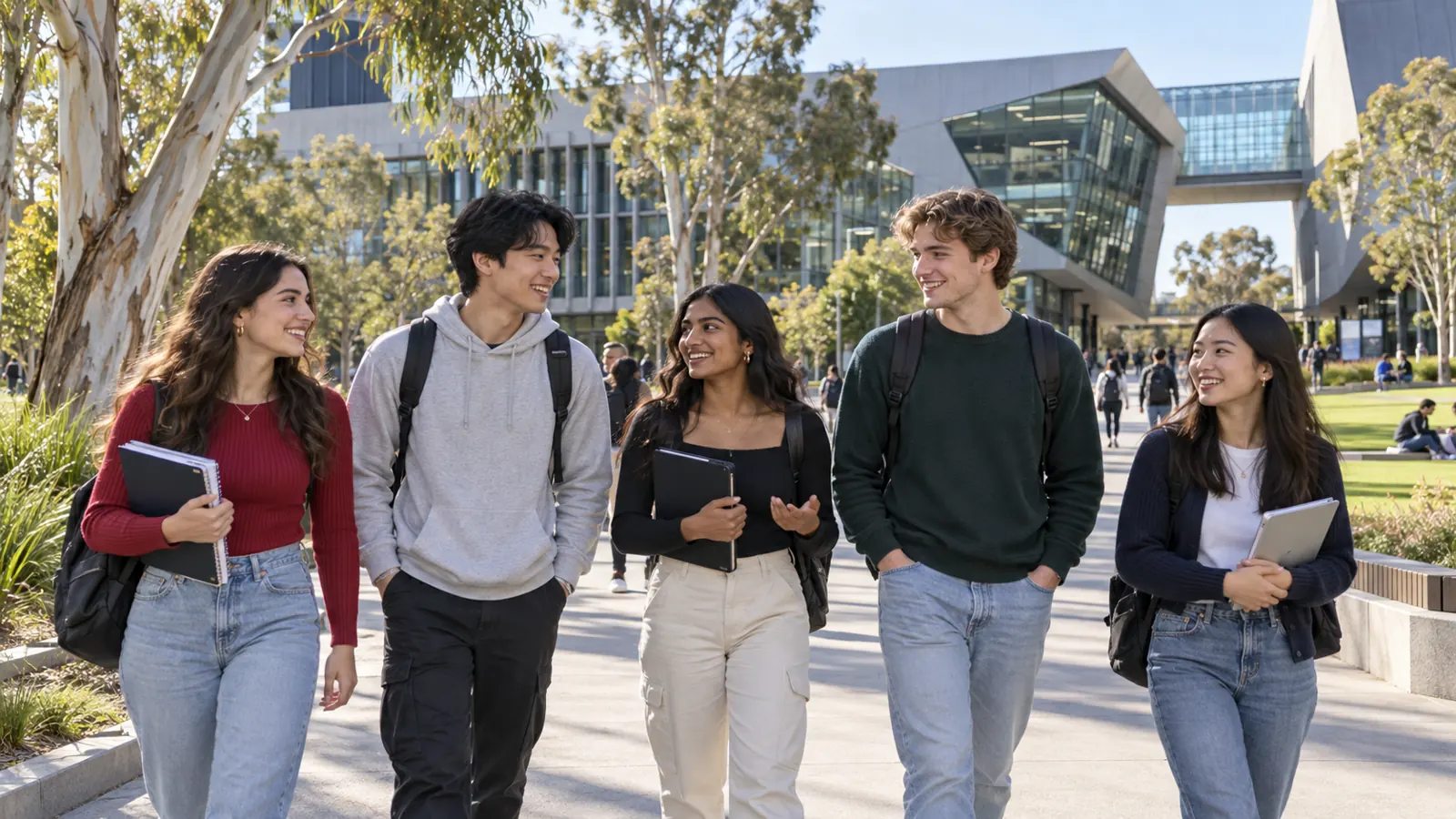 Students walking in a Monash Clayton campus setting