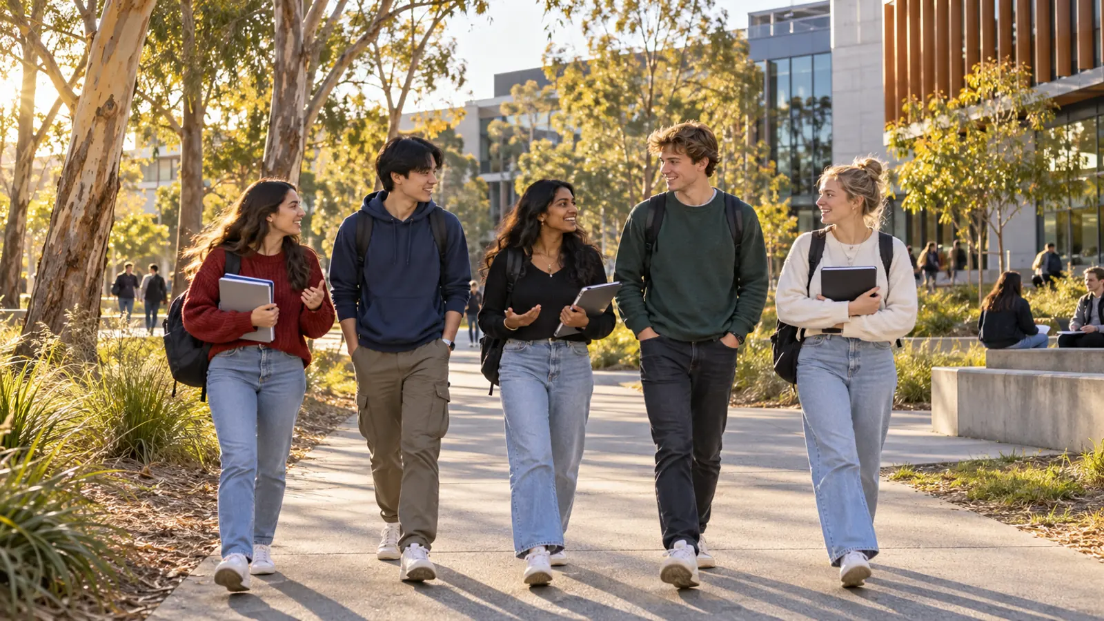 Students on a Clayton university campus walkway