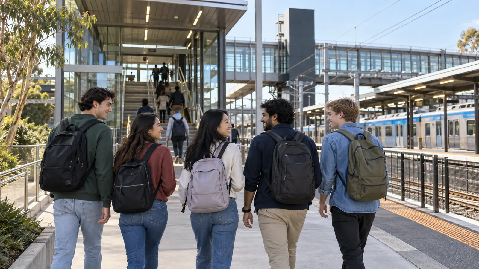 Students arriving at a Melbourne suburban rail station