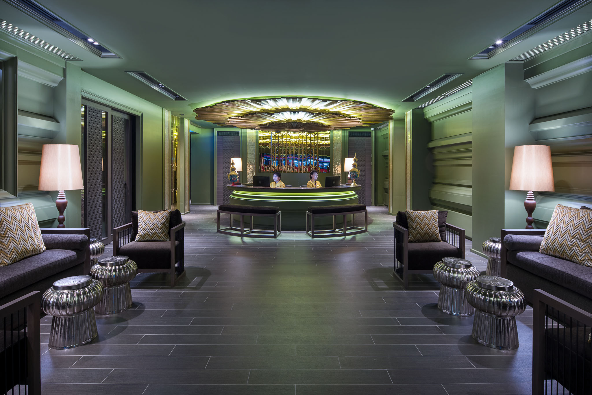 The elegant heritage-inspired lobby at Chillax Heritage Hotel